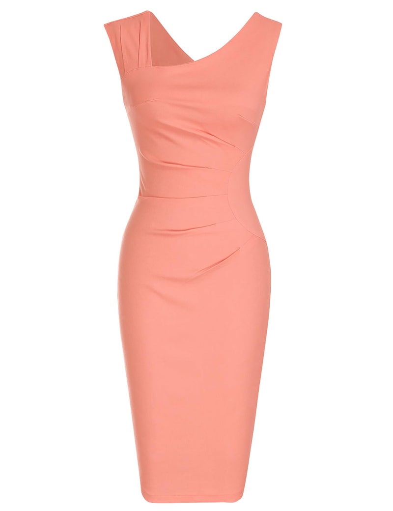 MUXXN Women's Summer V Neck Sleeveless Midi Pencil Ruched Bodycon Casual Business Work Dress Peach S - Image 3